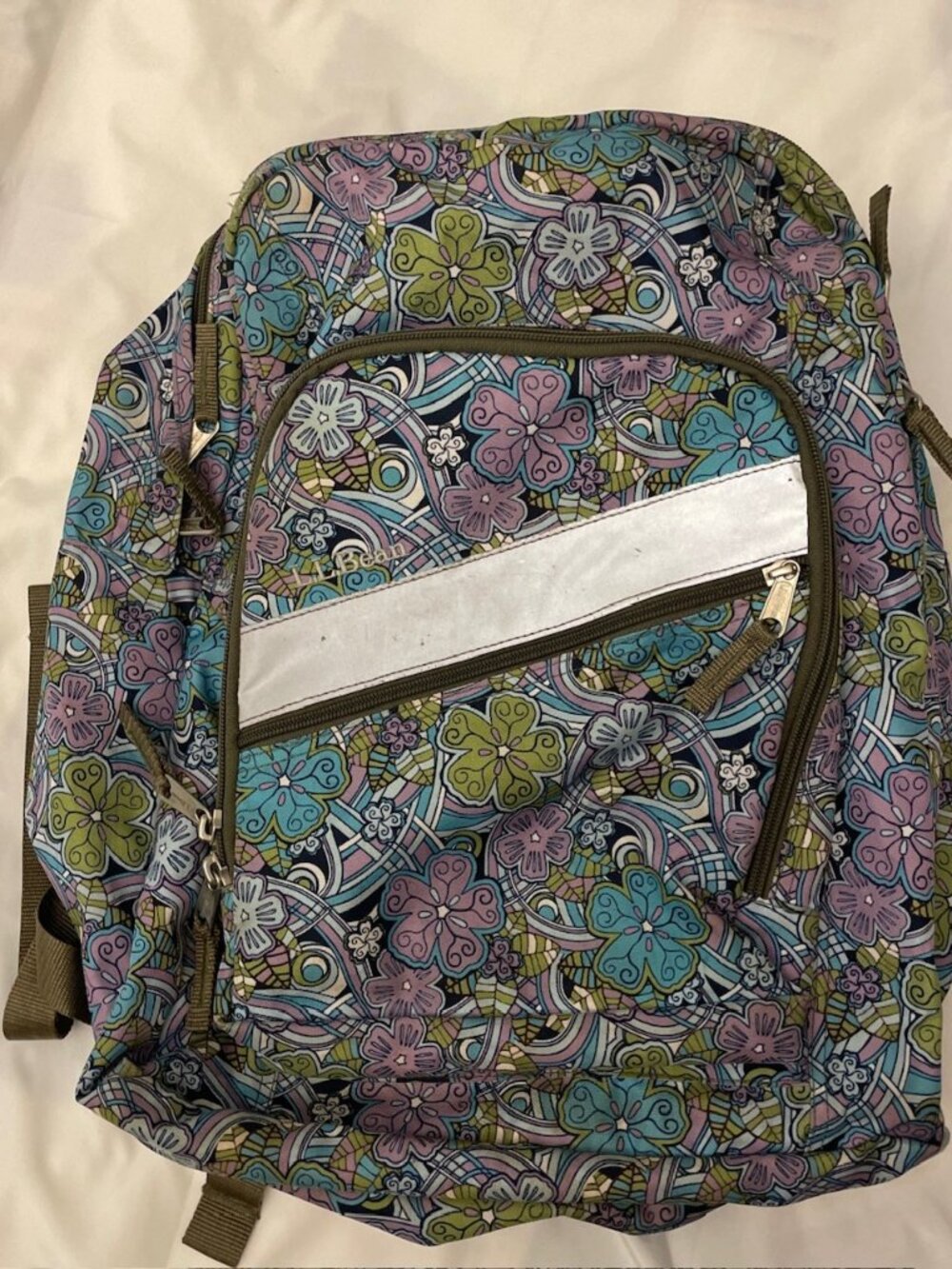 L.L.Bean Deluxe Book Bag Backpack Laptop Sleeve Padded Straps Purple, Green Blue